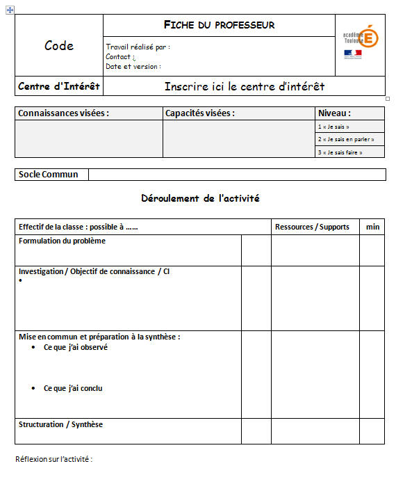 Fiche de l'élève